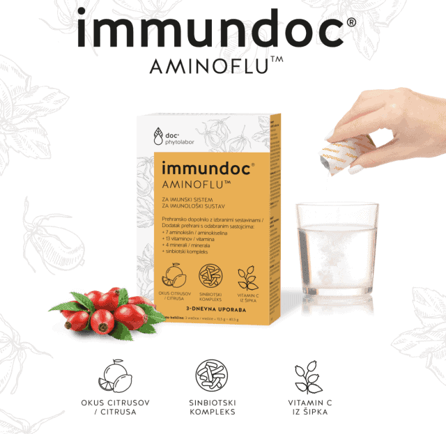 Immundoc Aminoflu, 3 maišeliai su 13 vitaminų, 7 aminorūgštimis, 4 mineralais ir sinbiotikų kompleksu