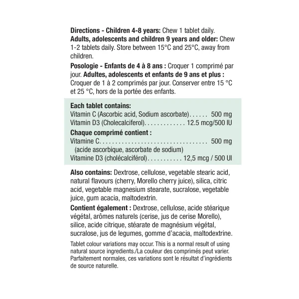 Jamieson, Vitamin C 500mg + Vitamin D 500 IU, 75 Tableta Za Žvakanje S Okusom Trešnje