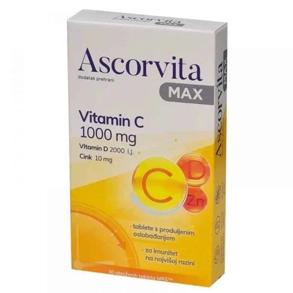 Ascorvita Max, vitaminas C 1000 mg + vitaminas D 2000 IJ + cinkas 10 mg, 30 tablečių
