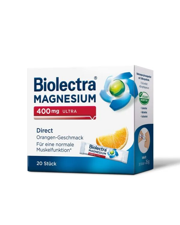 Biolectra®, Magnesium 400 mg, Ultra Direct, 20 Beutel, Zitronen- oder Orangengeschmack