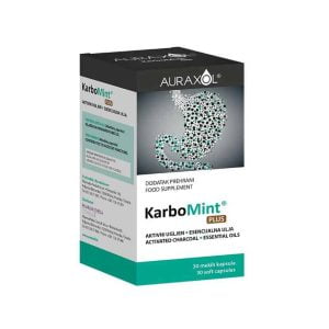Auraxol, KarboMint Plus, 30 kapsulas, aktivētā ogle, piparmētra, anīsa eļļa, pret vēdera uzpūšanos un vēju