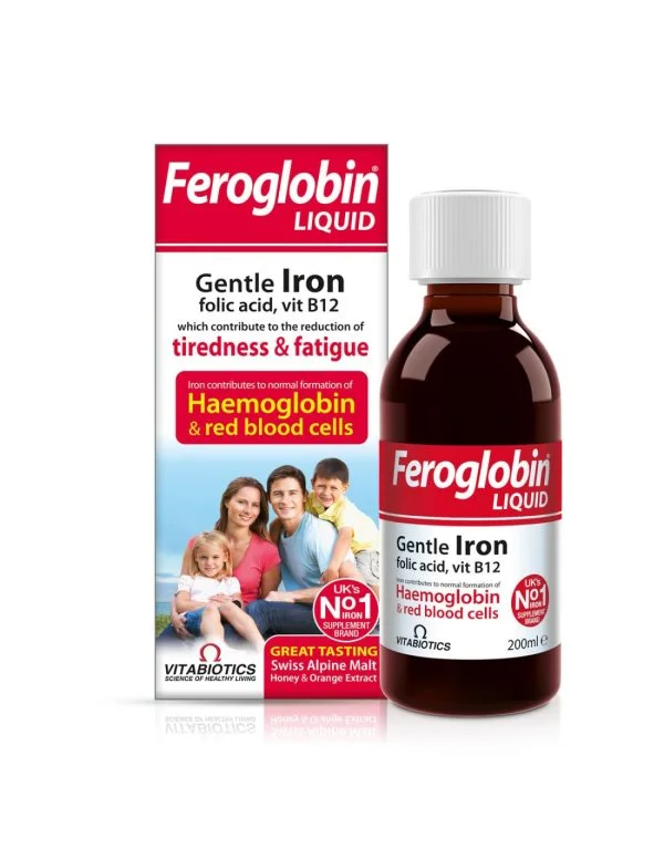 Vitabiotics, Feroglobin Liquid, 200 ou 500 ml, Supplément de fer liquide au goût de miel et d'orange